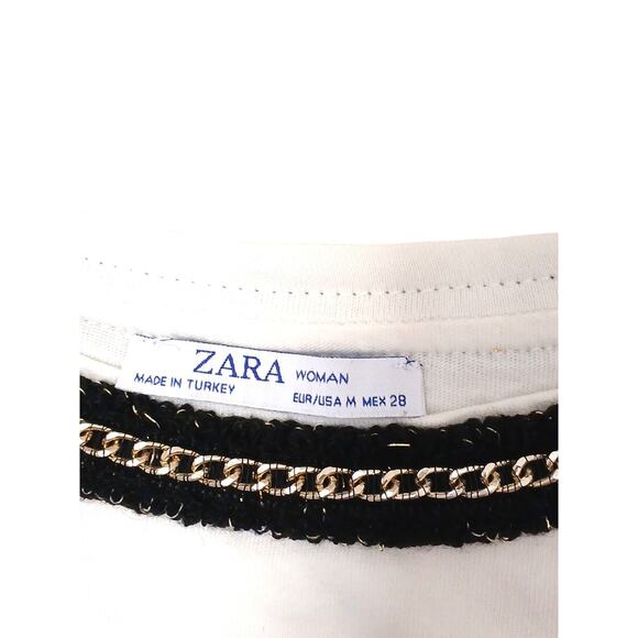 Zara T-SHIRT Dress Sz M White Have Strong Energy PARIS Designer Chain Black Trim - Picture 15 of 16